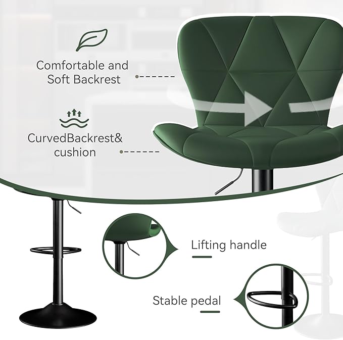 Bar Stools Set of 3,Adjustable Swivel Barstools, Faux Leather Bar Chairs,Upholstered Counter Height with High Backrest for Kitchen Island, Green