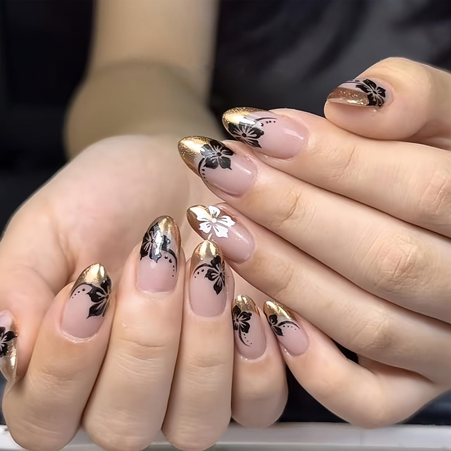 IMSOHOT Golden French Press on Nails Medium Almond Fake Nails with Black White Flower Designs Full Cover Glossy Acrylic Fall Glue on Nails