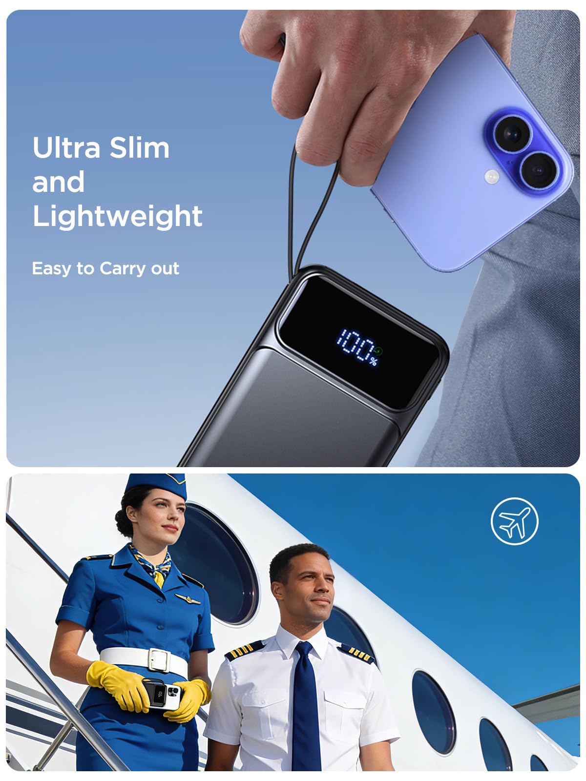 Power Bank, Portable Charger with Built in Cable 22.5W Fast Charging Battery Pack 10000mAh Slim 6 Outputs 3 Inputs LED Display Phone Charger for iPhone Samsung Pixel Moto iPad Travel Essential Gift