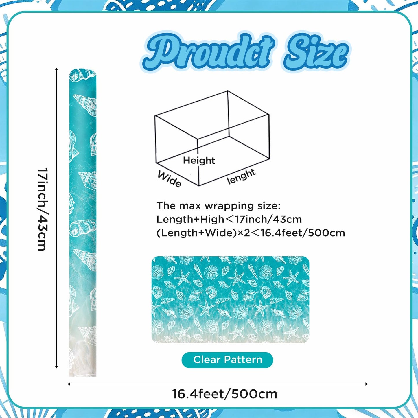 Beach Seashell Wrapping Paper Roll - 17Inch x 16.5Ft - Ocean Themed Gift Wrap Paper, Sea Shell Printed Gift Packing Supplies for Coastal Wedding Summer Beach Birthday Party Crafts Decorations