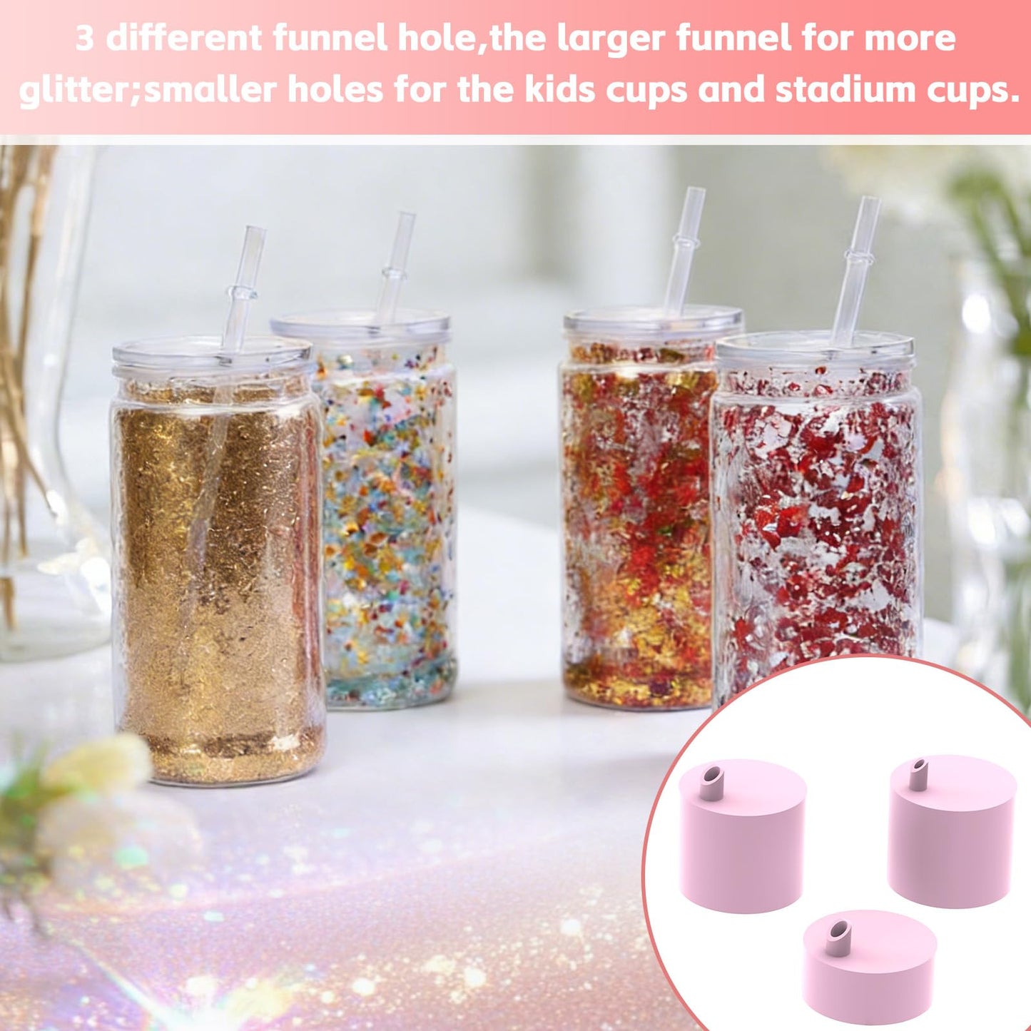 3 Pack Snow Globe Tumbler Funnels, Large & Small Glitter Funnel for DIY Snow Globe Tumblers, No-Mess(Pink)