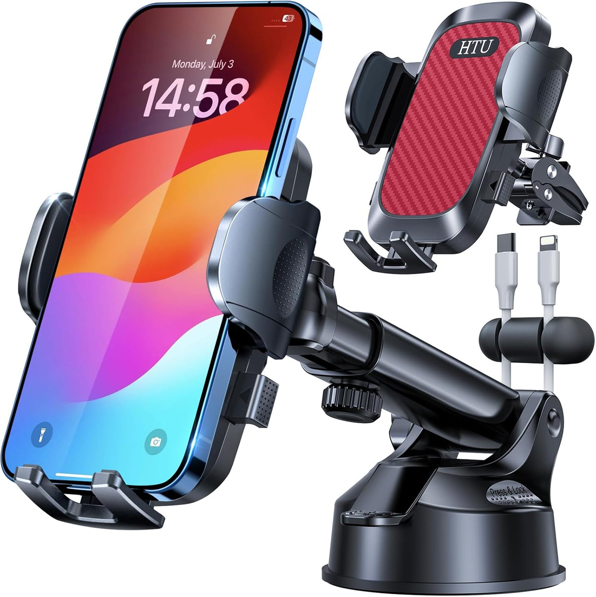 HTU 2025 Best Car Phone Holder 【Ultimate 5-in-1 & Upgraded 100+LBS Strongest Suction】【True Military-Grade & Safety Cert】 360° Windshield Dashboard Vent Mount Stand for iPhone Android & Truck, Red