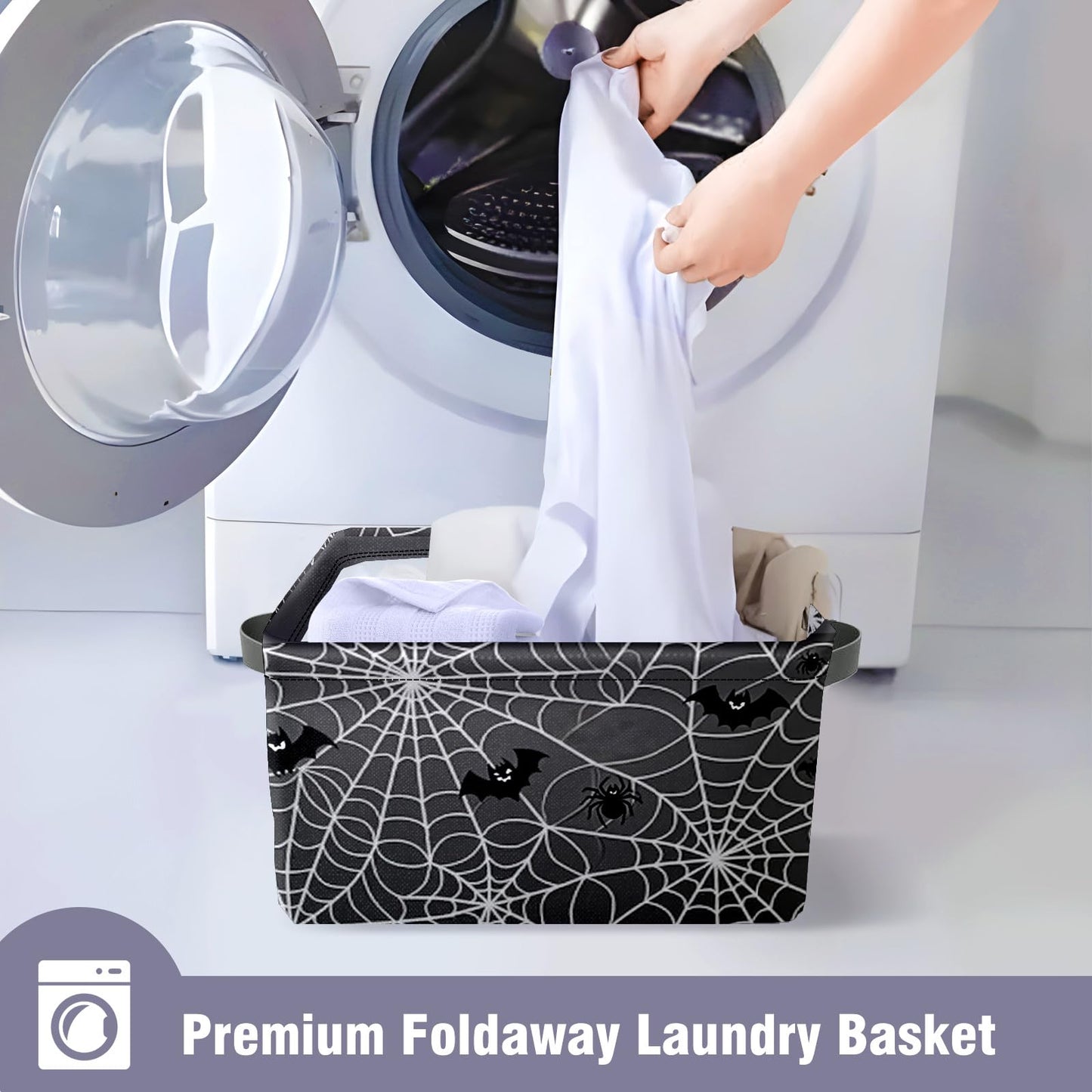 AHENGPAIG Halloween Baskets,Spider Web Bat Storage Bins with Handles for Men, Foldable Organizer Storage Boxes 14 x 10 x 8