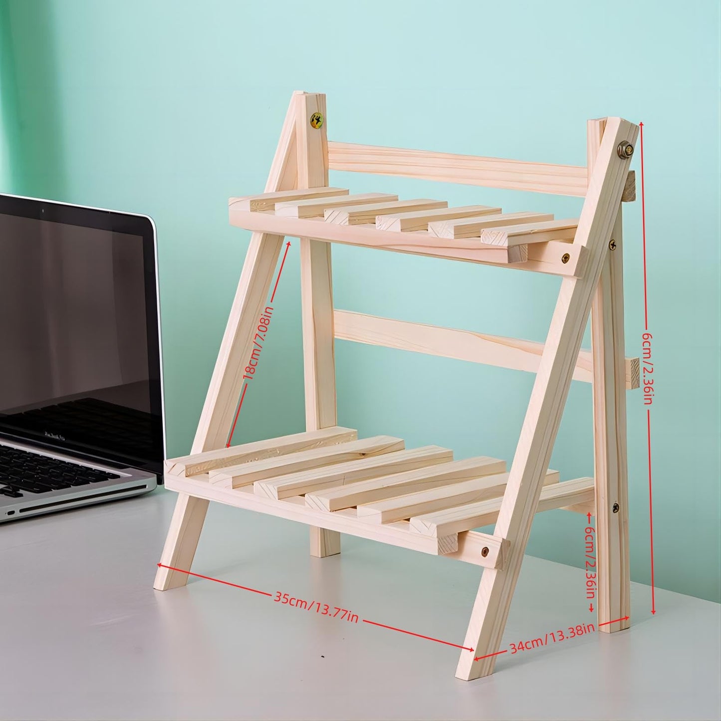 QruiLanTu 2 Tier Foldable Ladder Plant Stand Desktop Shelf Organizer Rack Wooden Display Risers For Selling L 13.3 x H 13.8 x D 7.1 in（DIY）
