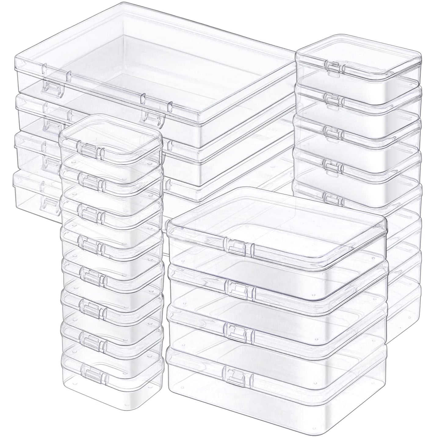 Jutieuo 24 Pack Mixed Sizes Rectangular Mini Plastic Containers Clear Plastic Storage Boxes with Hinged Lids and Labels Empty Beads Organizers for Small Items Art Craft Jewelry Projects