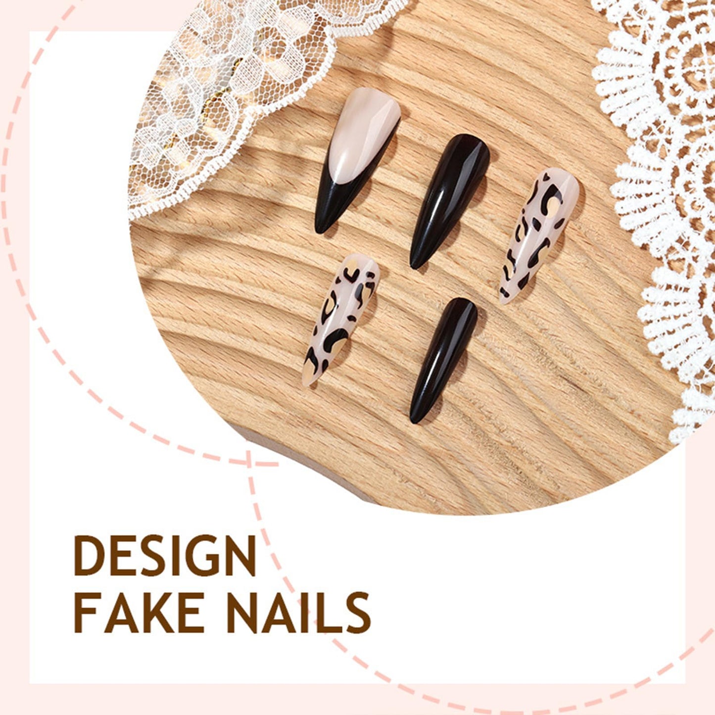SINHOT Stiletto Press on Nails Long - Long Fake Nails, Glossy Finish, Wine Red French Tip & Leopard Print, DIY Artificial False Nail Art - 24 Pcs Nail Kit with Glue