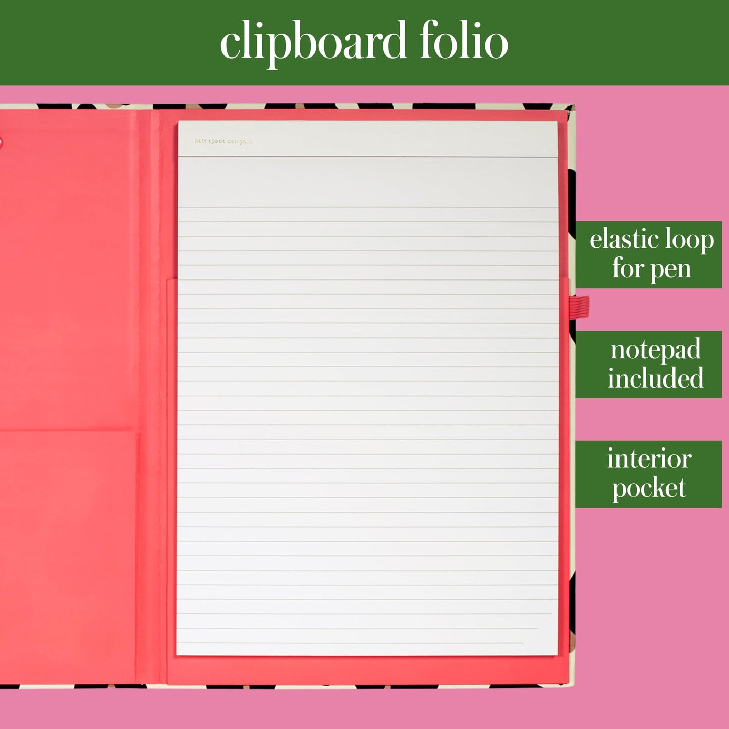 Kate Spade New York Leopard Print Clipboard Folio with Low Profile Clip, Professional Padfolio Includes Lined Notepad, Pen Loop, and Pocket, Forest Feline