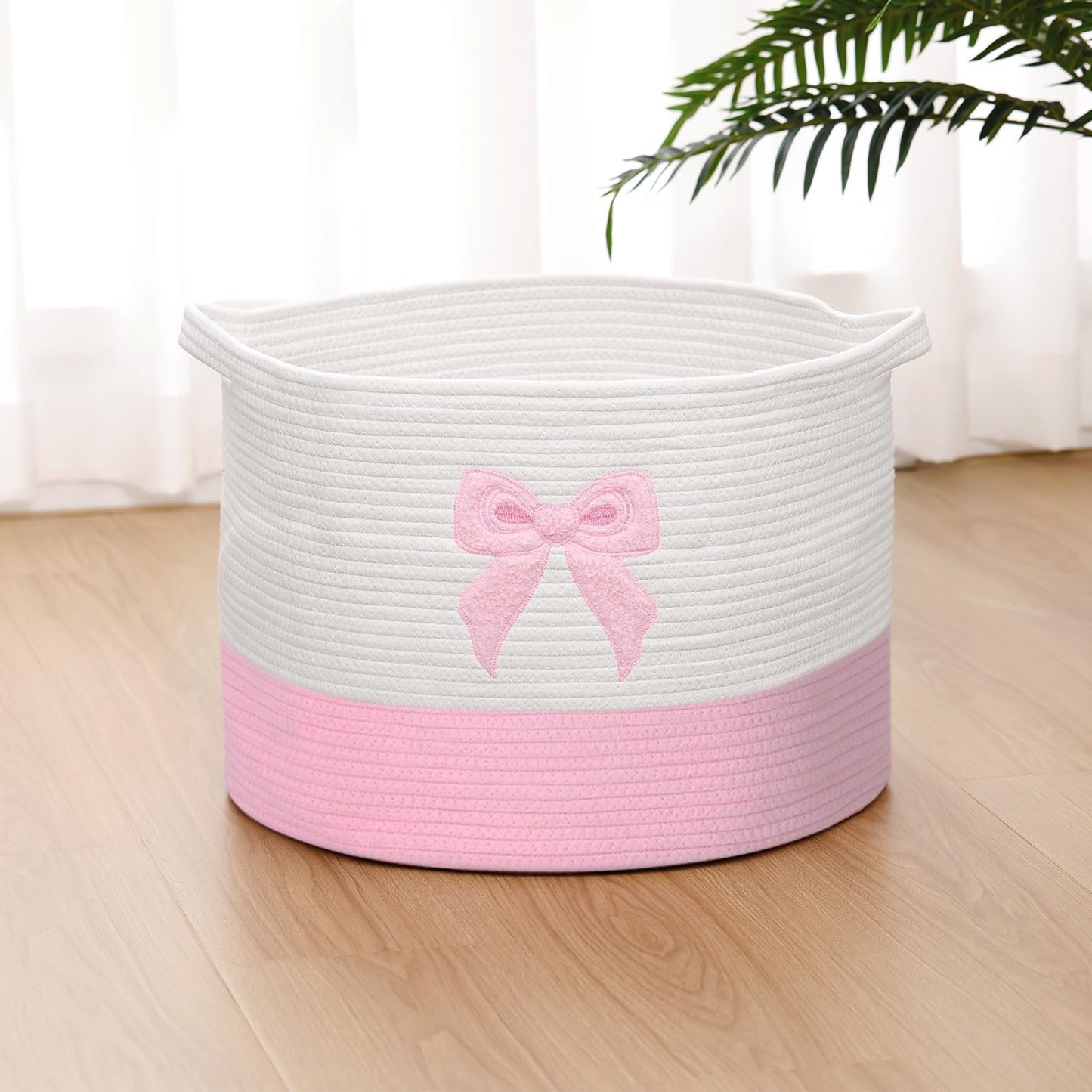 LemonRoad Pink Bow Extra Large Cotton Rope Basket 20"x14", Embroidered Woven Baby Laundry Blanket Basket Box with Handle Storage, Blanket Storage for Living Nursery Pillows Laundry Baby Toy Chest