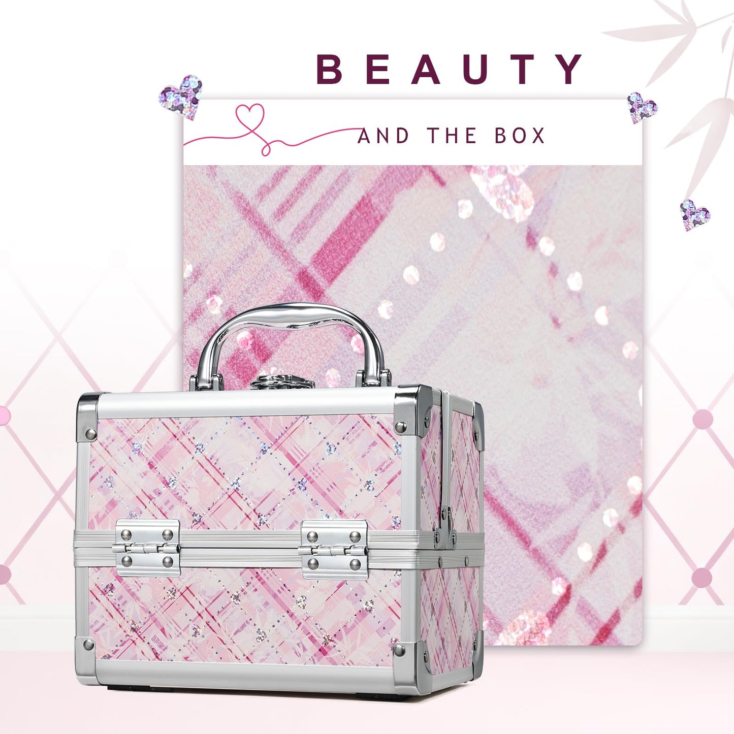 FRENESSA Makeup Train Case Portable Makeup Case Organizer Cosmetic Box Make Up Box Makeup Organizer Cases with Mirror Locking Nail Kit Organizer Travel Case Pink Plaid