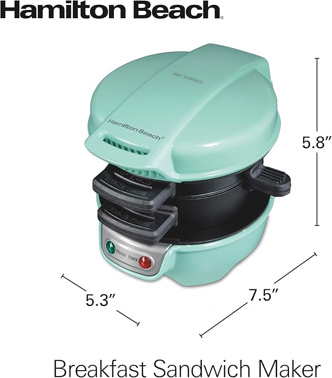 Hamilton Beach Breakfast Sandwich Maker with Egg Cooker Ring, Customize Ingredients, Perfect for English Muffins, Croissants, Mini Waffles, Perfect White Elephant Gifts, Mint (25482)