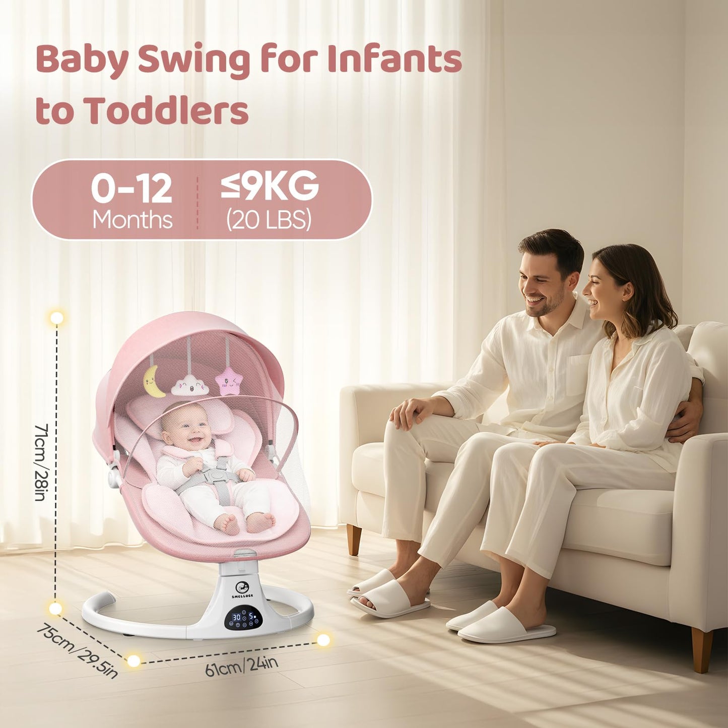 Baby Swings for Infants, Smelluck Baby Swing, Portable Electric Swing with Upgraded 3 Adjustable Backrest, 12 Preset Melodies, 5 Speeds, Remote Control and Bluetooth, Indoor and Outdoor Use