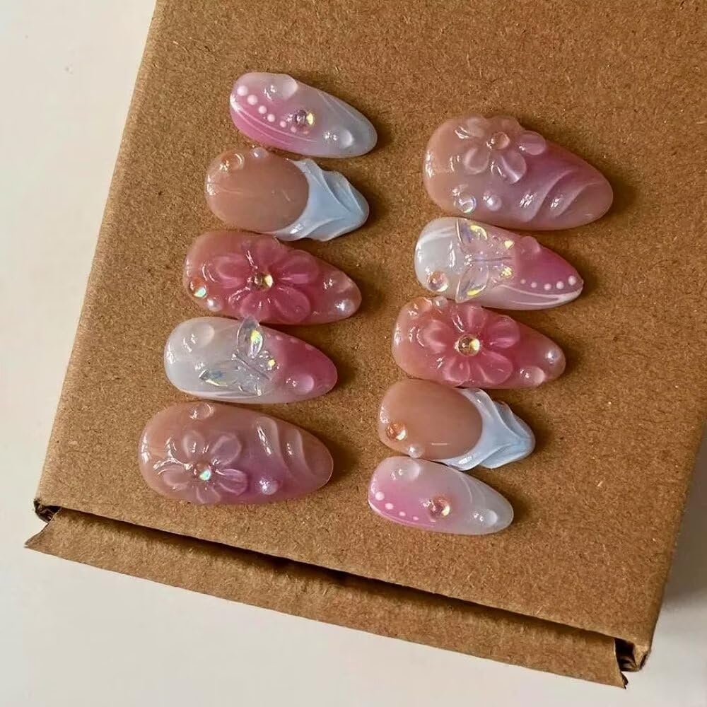 Press On Nails,Luxury Medium Almond 3D False Nails Women Reusable ABS Material Finger Printed Nail Tip French Salon Design-Medium size