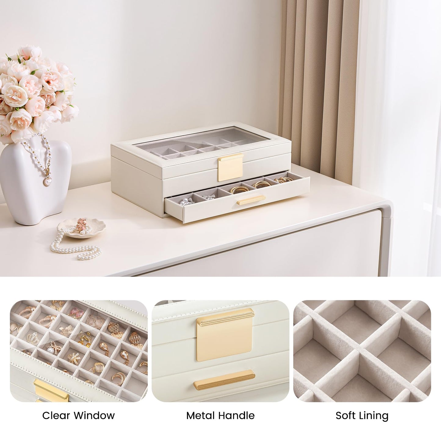 Lolalet Earring Storage Box Case with Glass Top, Large Earring Jewelry Holder Organizer Display with Drawer and Grid, Mothers Day Gifts -2 Tiers, Cloud White