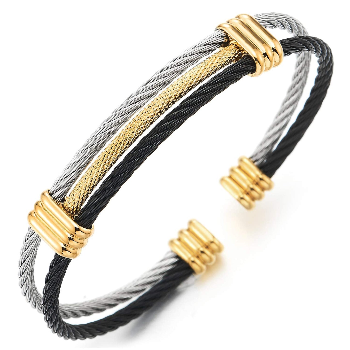 COOLSTEELANDBEYOND Men Women Stainless Steel Twisted Cable Adjustable Cuff Bangle Bracelet Silver Gold Black
