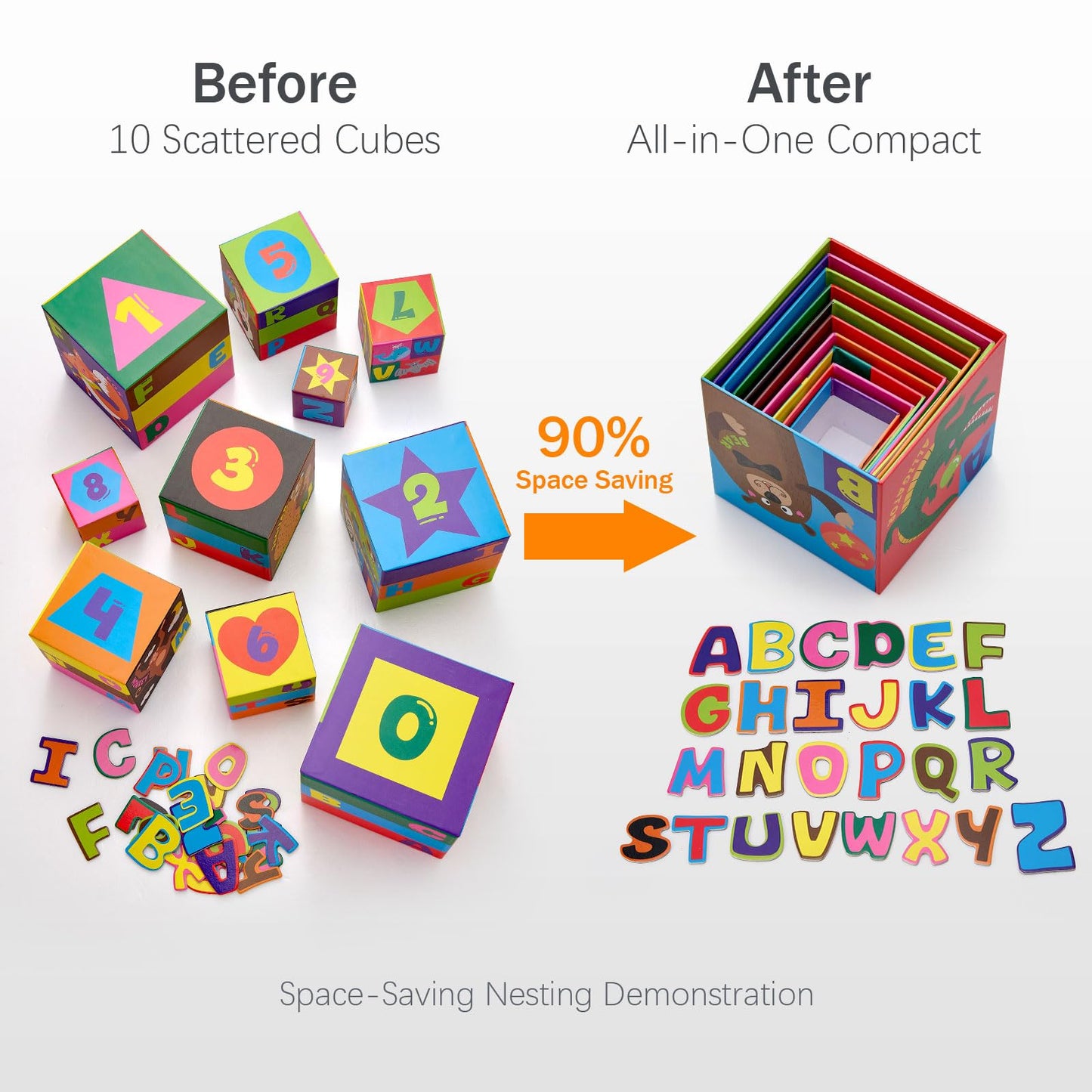 Atoylink Alphabet Nesting Stacking Blocks for Toddlers, 10-Piece Educational Toys with Magnetic ABC Letters, Numbers 0-9, 26 Animals, Sorting Storage Cubes for Kids Age 18 Months 2 3 4 Year