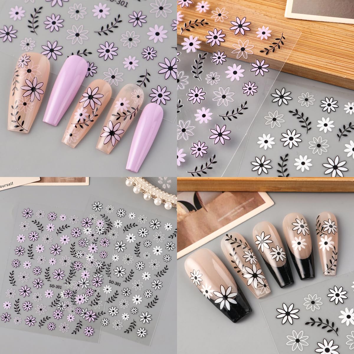 Black White Daisy Flowers Nail Stickers 3D Self Adhesive Purple Floral Nail Art Stickers Spring Cute Little Daisy Flower Nail Decals for Women Spring Summer DIY Nail Decor (6 Sheets)