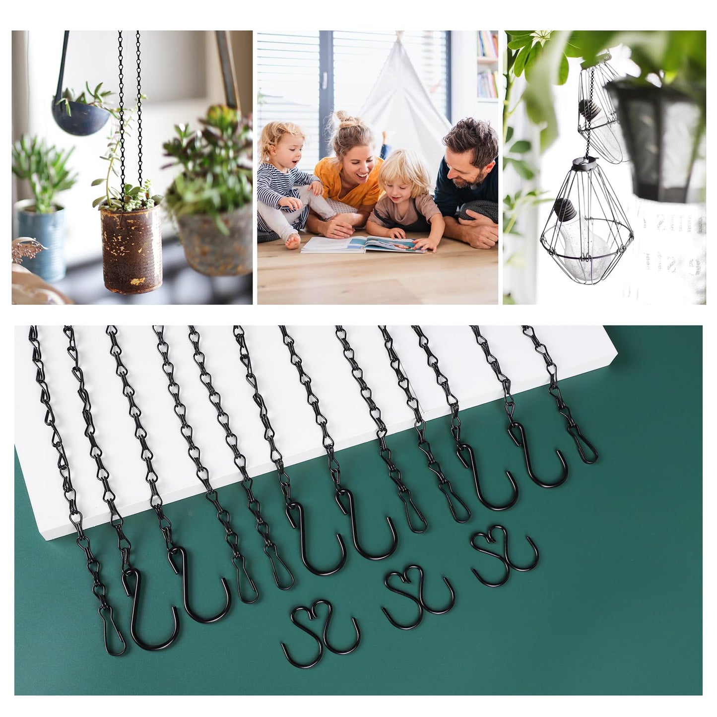 Urkupoo 6PCS Hanging Chains with S Hooks, 24.2IN Long Chains with Clips, Adjustable Black Metal Chains Hanger for Plant, Sign, Bird Feeder, Wind Chime