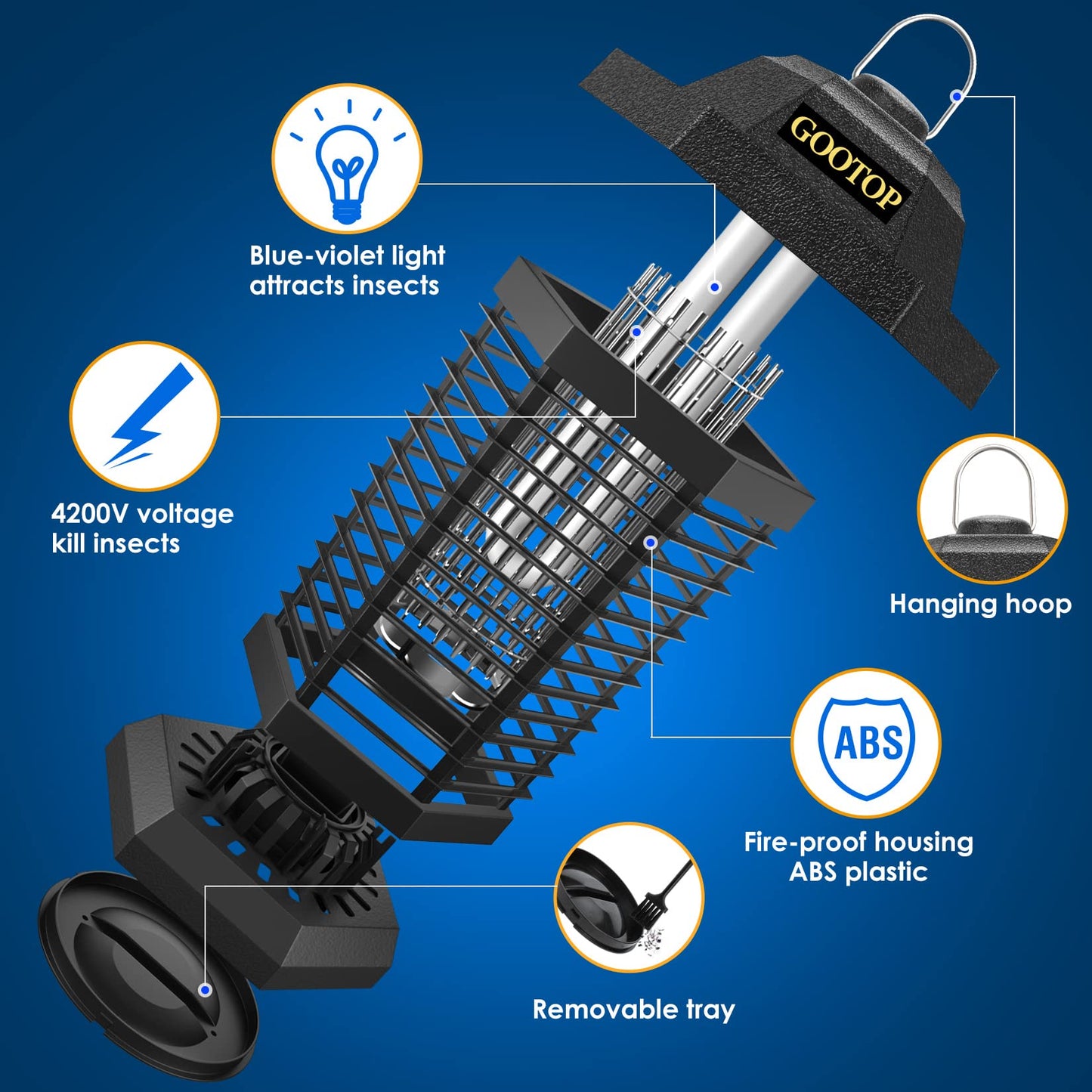GOOTOP Bug Zapper Outdoor, Mosquito Zapper, 3 Prong Plug in Electric Fly Zapper, Mosquito Killer, Fly Traps, Flying Insects Zapper Indoor Outdoor, 4200V, ABS Plastic Outer (Black)