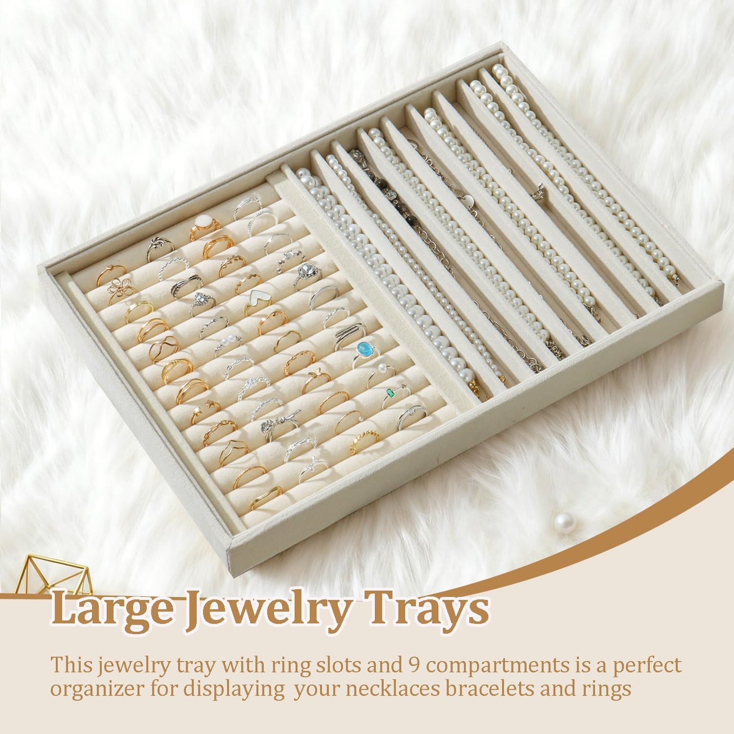 KATISYIO Large Jewelry Organizer for Drawer Insert Velvet Stackable Jewelry Trays for Earring Necklace Bracelet Ring Display (Beige, Ring and 9 Grids)
