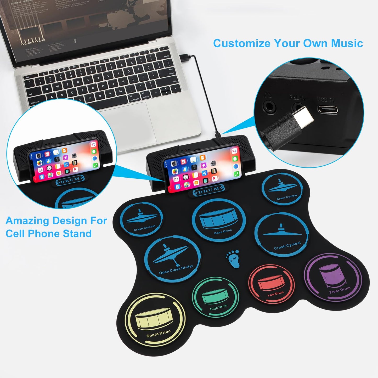 Electric Drum Set, 9 Pads Kids Drum Set, Roll-up Practice Drum Pad with Headphone, MIDI, Built-in Dual Stereo Speakers Drum Sticks Foot Pedals 10 Hours Playtime (9 pad Dual Stereo Speakers)