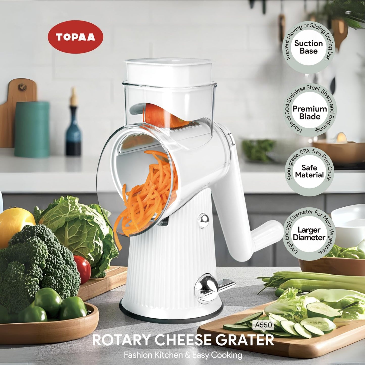 Rotary Cheese Grater with Handle - Vegetable Shredder with 5 Blades & Strong Suction Base, Round Slicer & Food Chopper for Kitchen (White)
