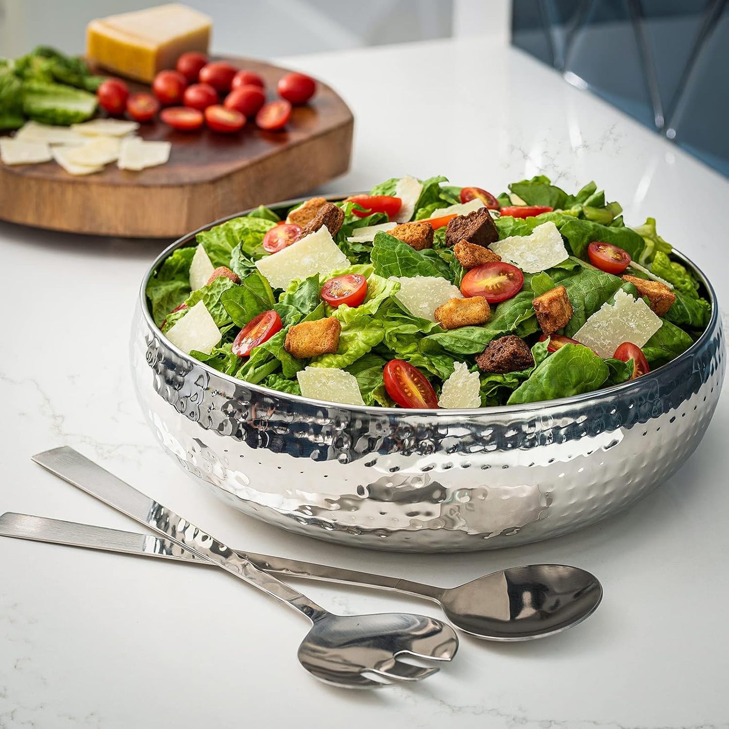 Bonito Home Salad Bowl and Serving Utensils - Hammered Detailing - Stainless Steel Mixing Bowls with Lids- Luxurious Serving Bowls (12" Silver Hammered Salad Bowl)