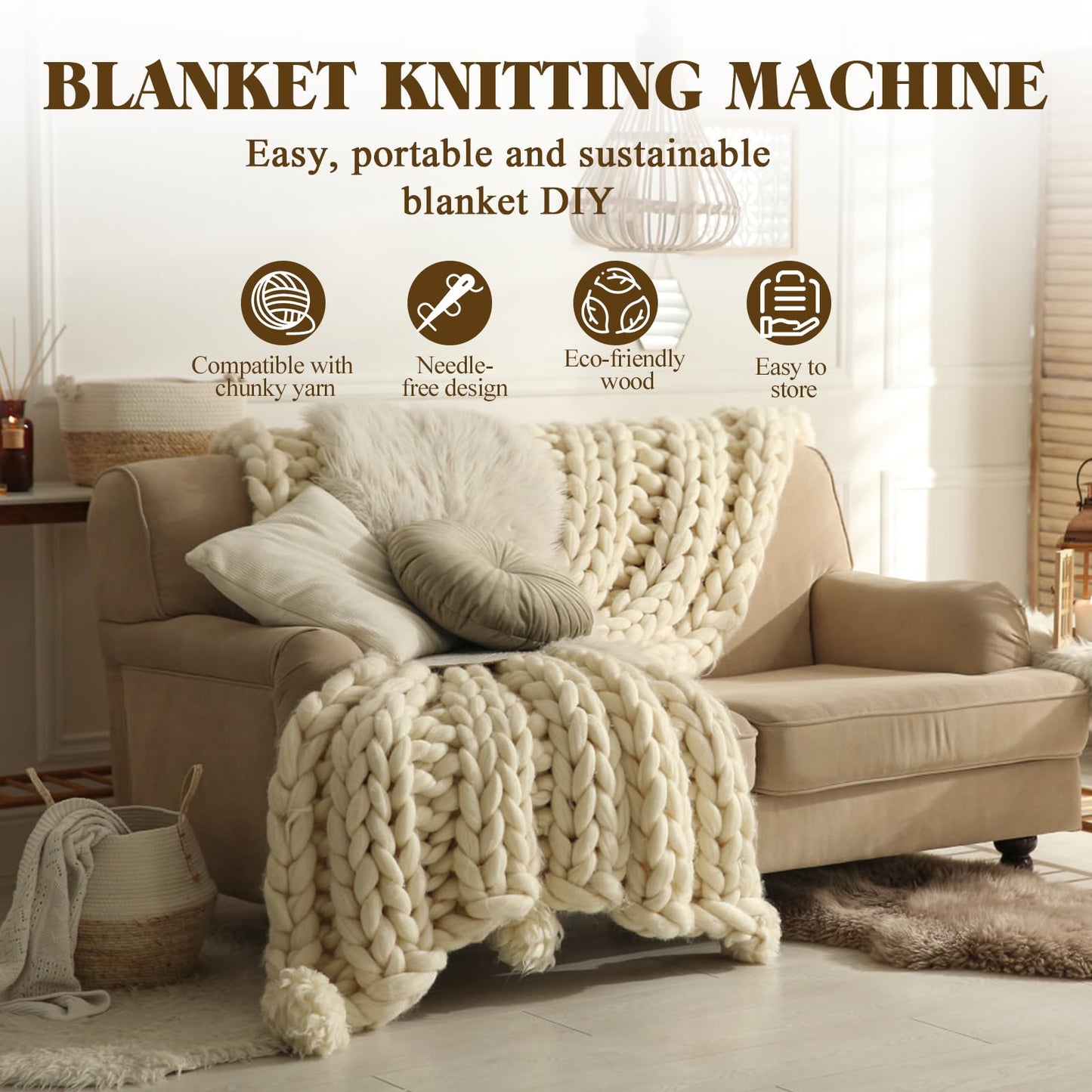 ZOCONE 46" Wooden Chunky Blanket Loom Includes Crochet Hooks, Adjustable Blanket Loom Knitting for Chunky Blanket Yarn, Hand Knitting Loom for Beginner, No Needles or Other Tools Required