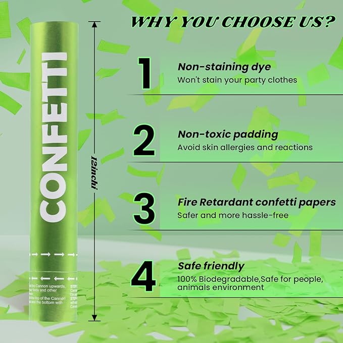 Confetti Cannon Green Biodegradable Confetti Poppers 12Pack Party Poppers Confetti Shooters Green Sticks for Wedding Graduation Engagement Anniversary Bridal Shower Valentines Day Birthday