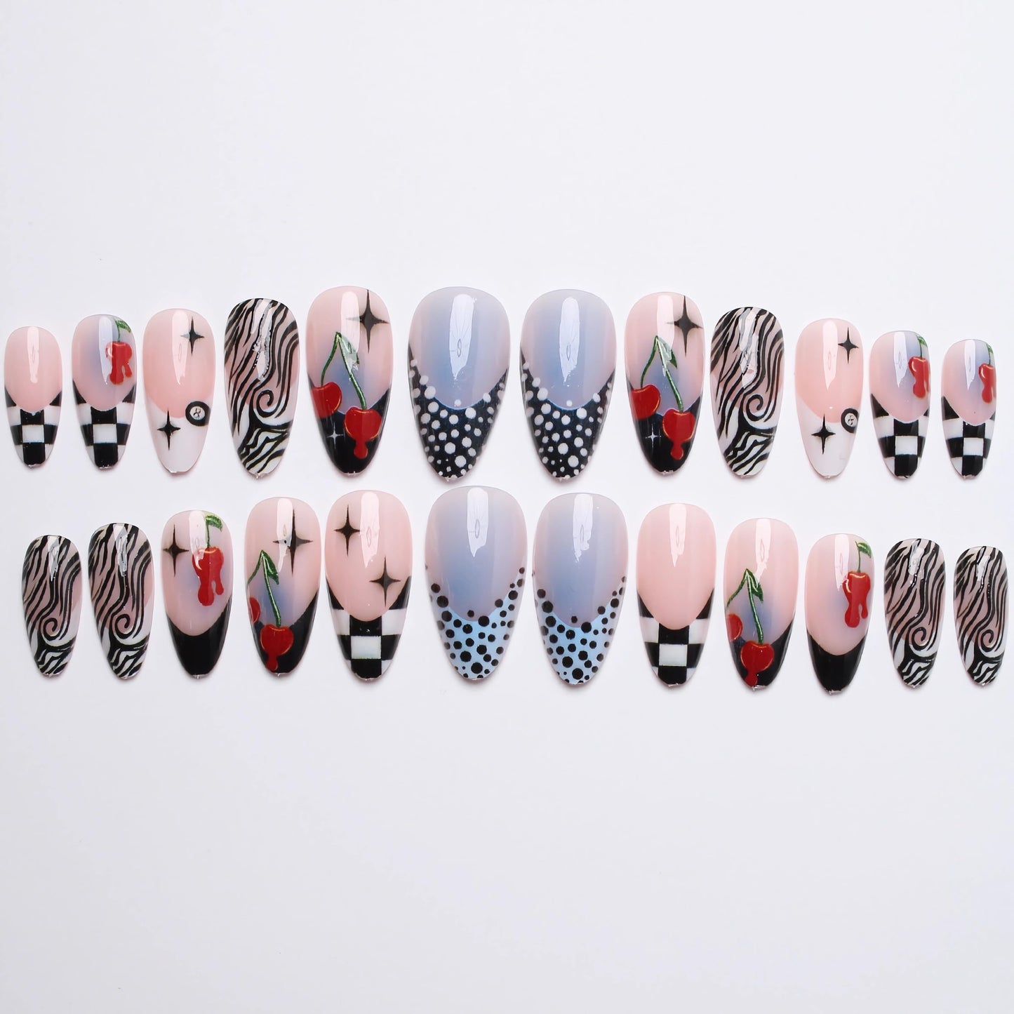 BABALAL Press on Nails Medium Almond Fake Nails Black Y2k Goth Glue ons Cherry & Polka Dot Design Supplies 24Pcs Full Cover Trendy Glossy Acrylic False Nails
