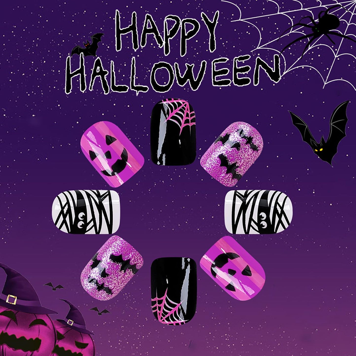 Halloween Press on Nails Short Square Fake Nails with Bat & Spider Web Designs Purple Gradient False Nail Sliver Glitter Stick on Nail Glue on Nails Bling Artificial Acrylic Nail for Women 24Pcs