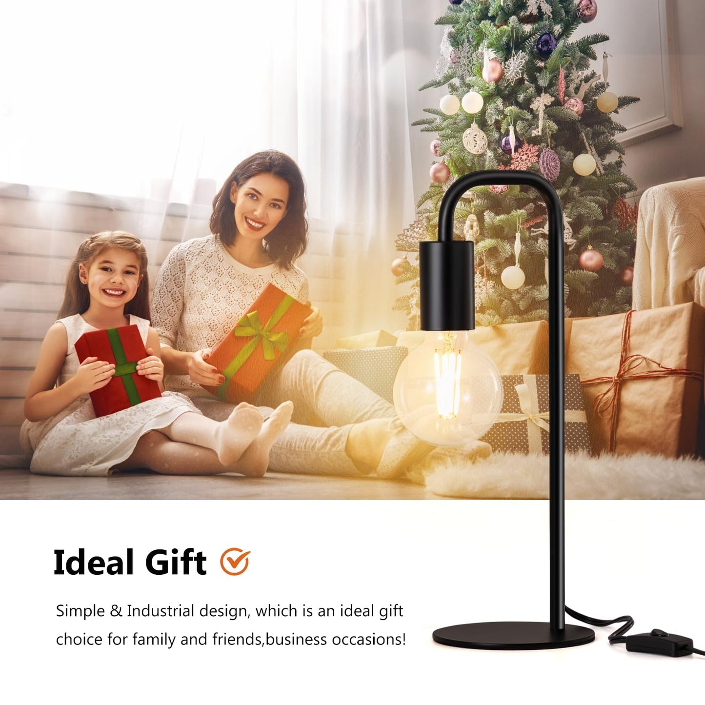 Iporovon Industrial Table Lamp for Bedroom, Small Table Lamps for Bedside with Wire Switch, E26 Socket Base, Modern Nightstand Lamp for Living Room, Reading, Office, Bulb Not Included.
