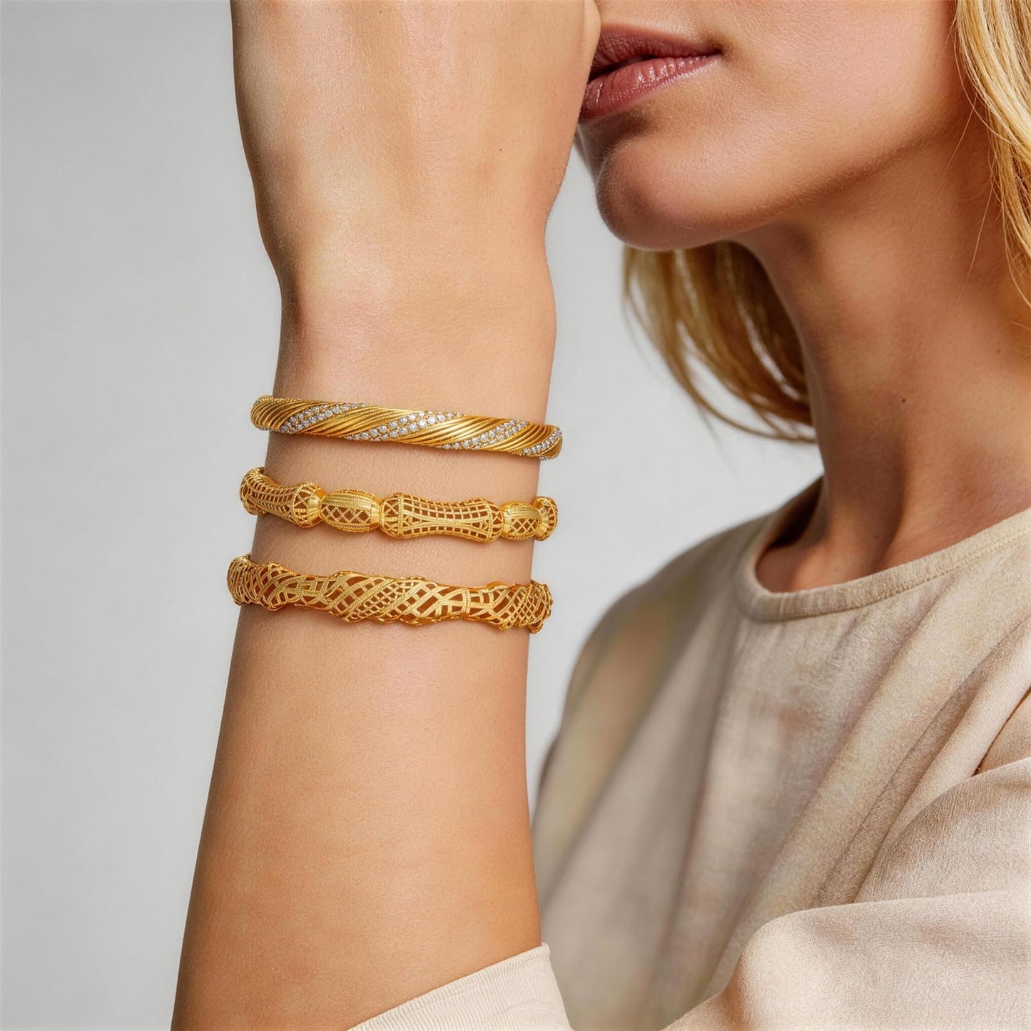 FIVESWEET 18K Gold Plated Women's Bangle Bracelet Set - Stackable Bulk Bracelets with Hollow Out Carving, Geometric Pattern, Flower & Butterfly Designs, Minimalist Stylish Elegant, Tarnish & Oxidation Resistant, Gift for Her Girlfriend Wife Mom Sister Lov