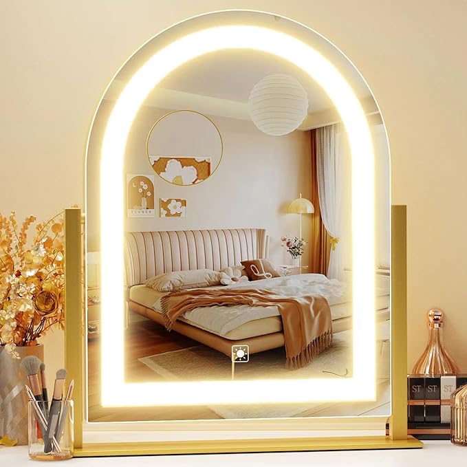 Arched Makeup Vanity Mirror with Lights 17.2" Large LED Lighted Mirror, Hollywood Make Up Mirror with Lighting, Smart Touch, 360° Rotation, (Gold,Gift Box)