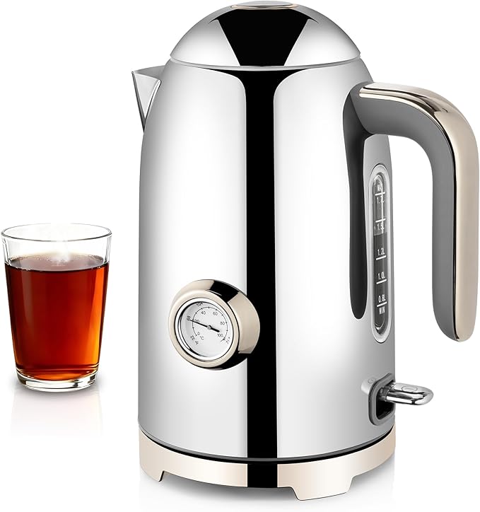 SUSTEAS Electric Kettle - 57oz Hot Tea Water Boiler with Thermometer, 1500W Fast Heating Stainless Steel Pot, Cordless LED Indicator, Auto Shut-Off & Boil Dry Protection, Glossy Silver