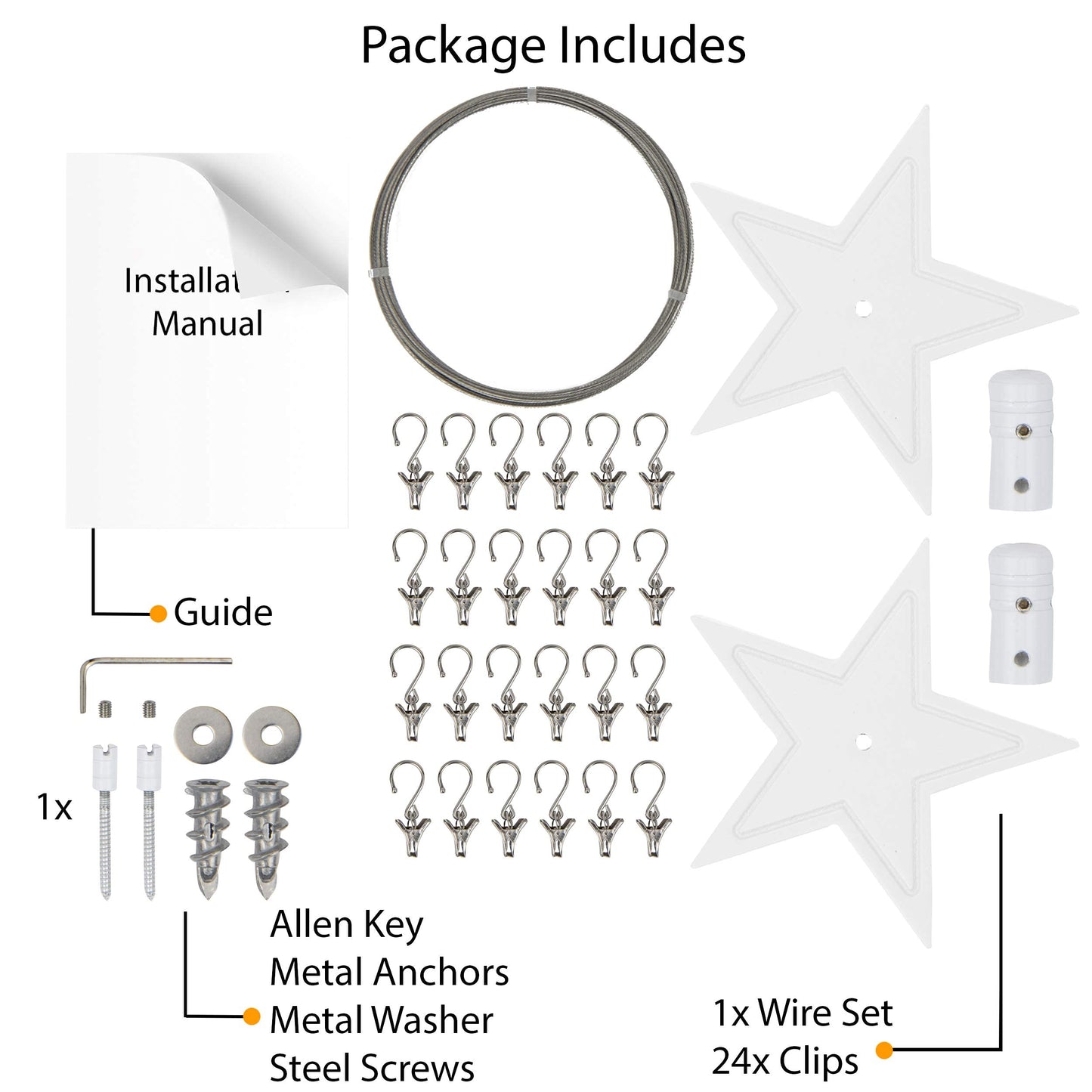 Wallniture Arte Picture Hangers Kit for Kids' Arts and Crafts, Adjustable Wire Curtain Rod with 24 Clips, White
