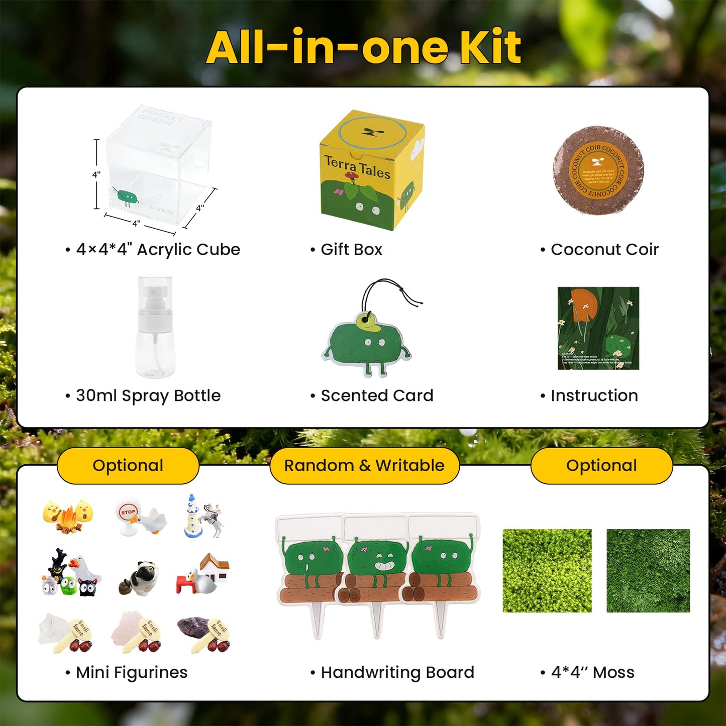 DIY Moss Terrarium Kit, 4 * 4 * 4 inch Acrylic Cube Mini Garden with Live Star Moss, Soil, Boundless Fortune-Craft Kit for Adults and Teens, Relaxing Desk Decor & Unique Gift for Home or Office