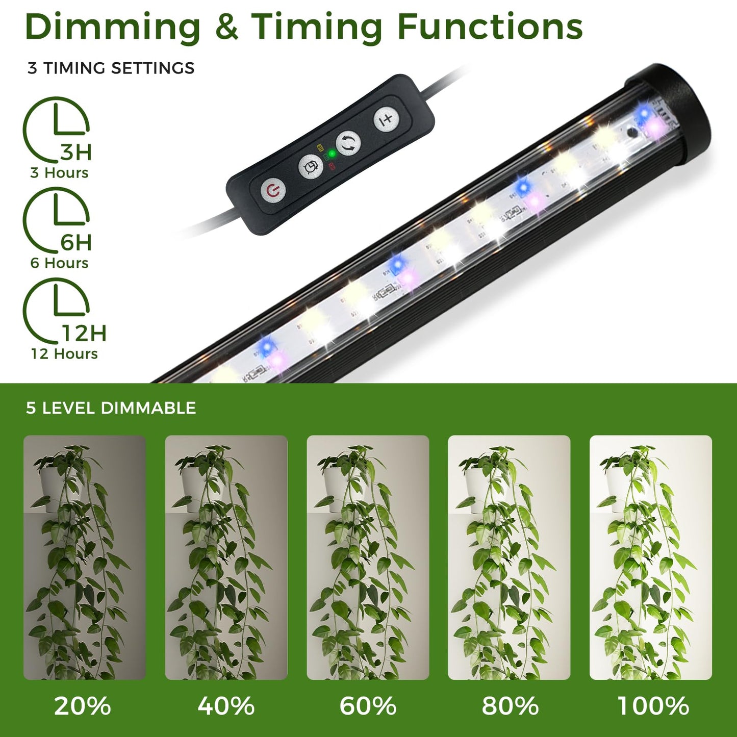 JarryStart Grow Lights for Indoor Plants with Timer, 192 LEDs 42W Vertical Full Spectrum Grow Light 65 Inch Standing Grow Lights 3 Light Modes 5-Level Dimmable Wide Coverage