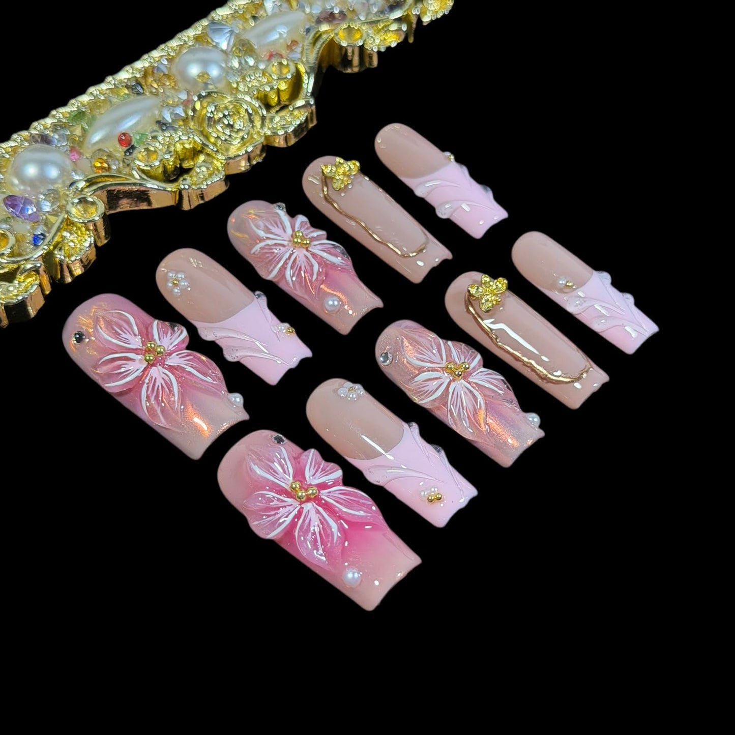 Handcrafted Press on Nails, 3D Floral Pink on Blush Nude Fake Nails, Long/Medium Square Shape, Reusable Acrylic False Nails Filigree Bloom (M)