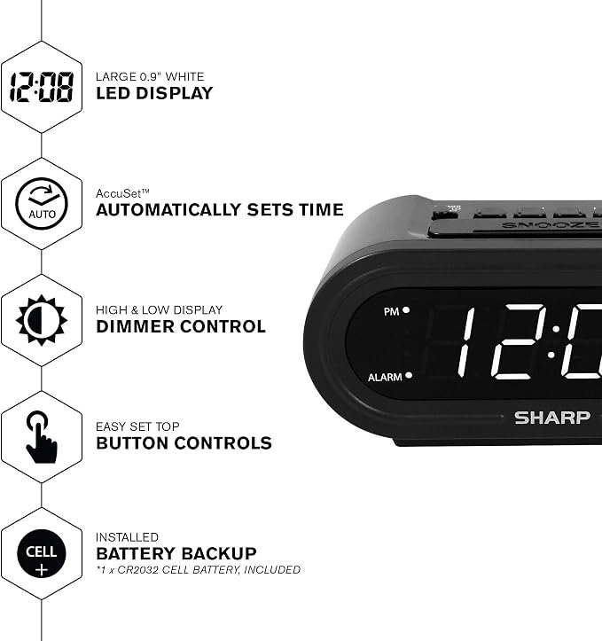 Sharp AccuSet Self-Setting Alarm Clock with White LED, Midnight Black