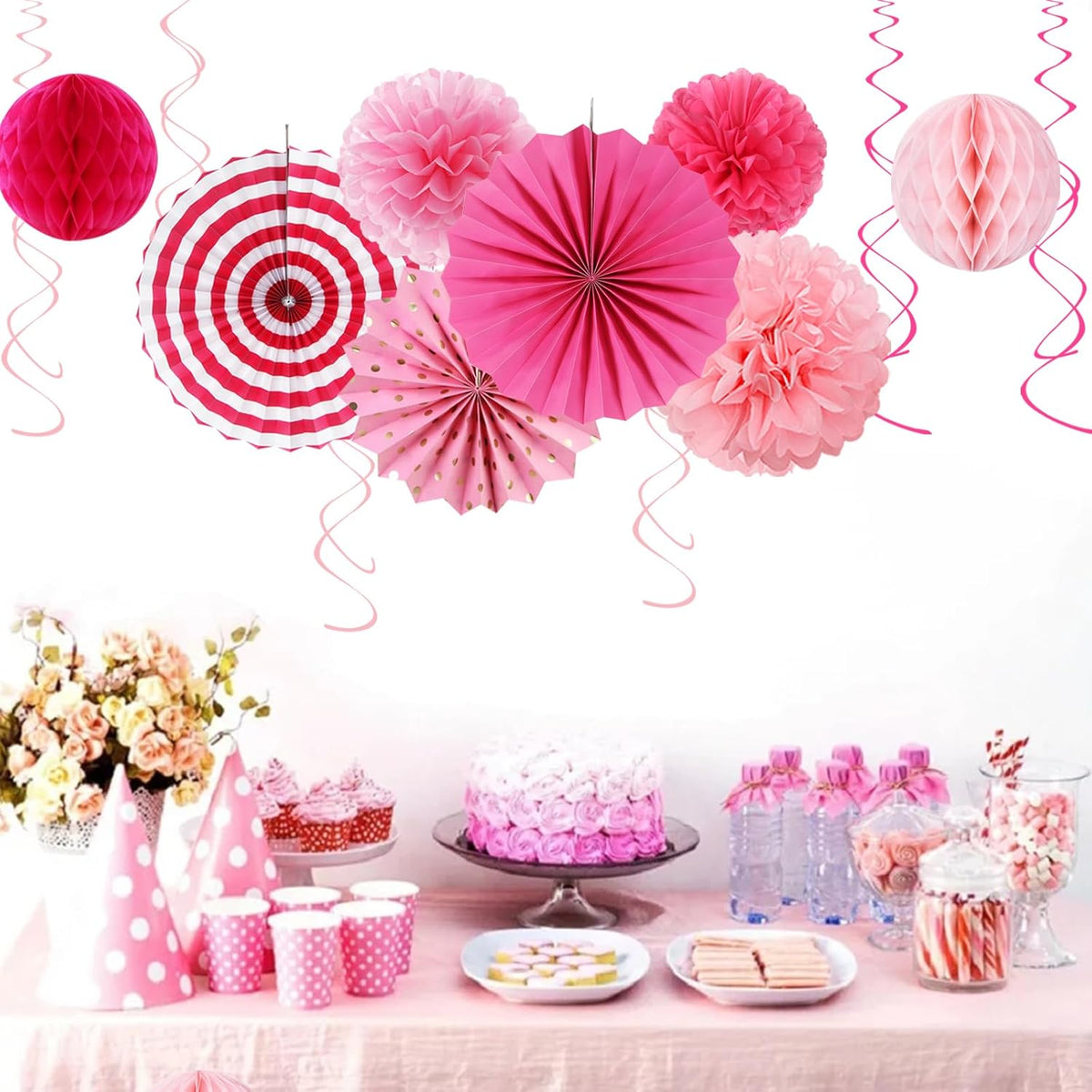 Rose Hot-Pink Party Decorations - 20pcs Paper Lanterns Fans,Tissue Pom Poms,Honeycomb Balls,Bunting,Birthday Wedding Bachelorette Baby Shower Bridal Graduation Engagement Decor Burgleda
