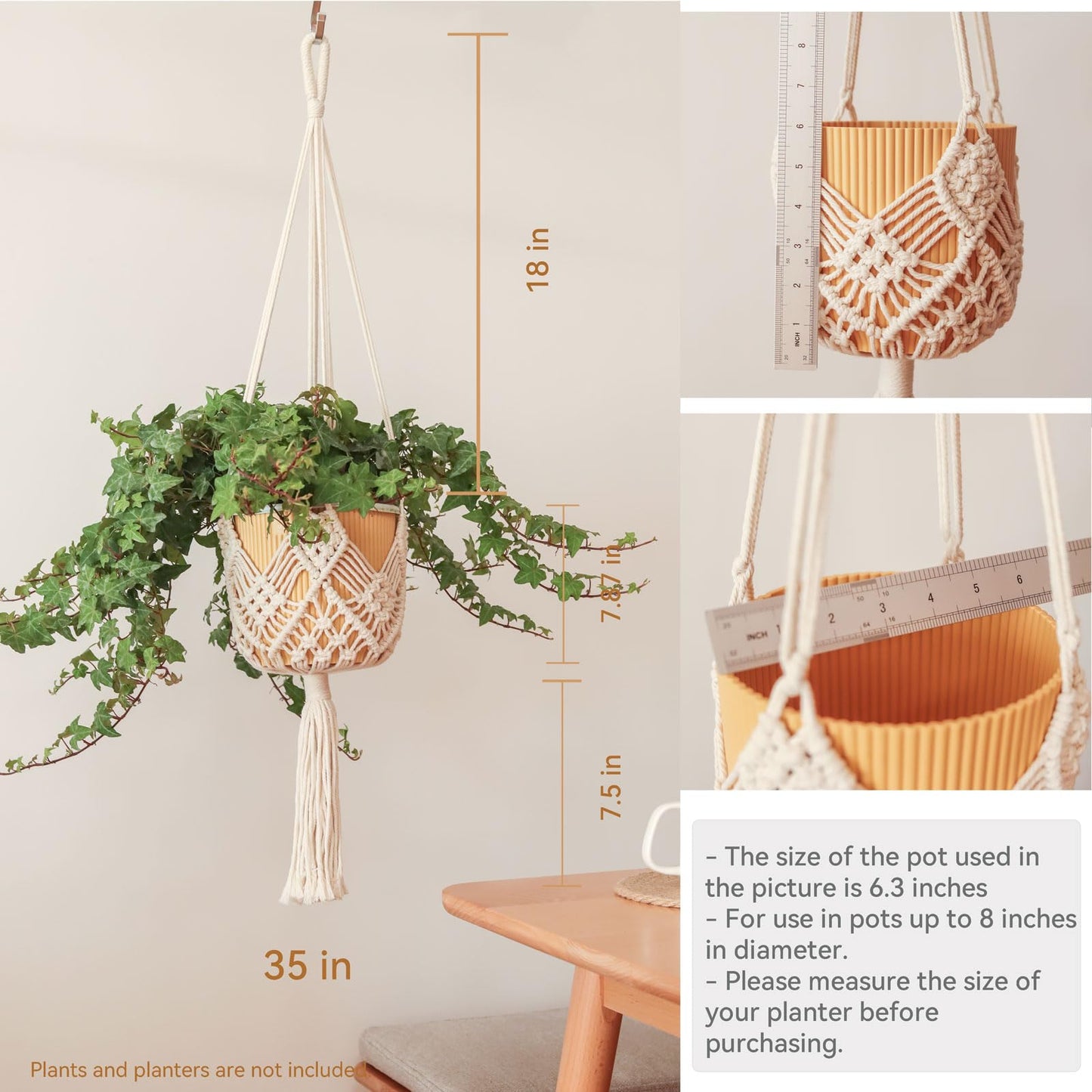 XINBOR 4 Pack Macrame Plant Hangers Indoor Up to 10 inch Pot, Boho Hanging Planters, Plant Holder with 8Pcs Stainless Steel Hooks