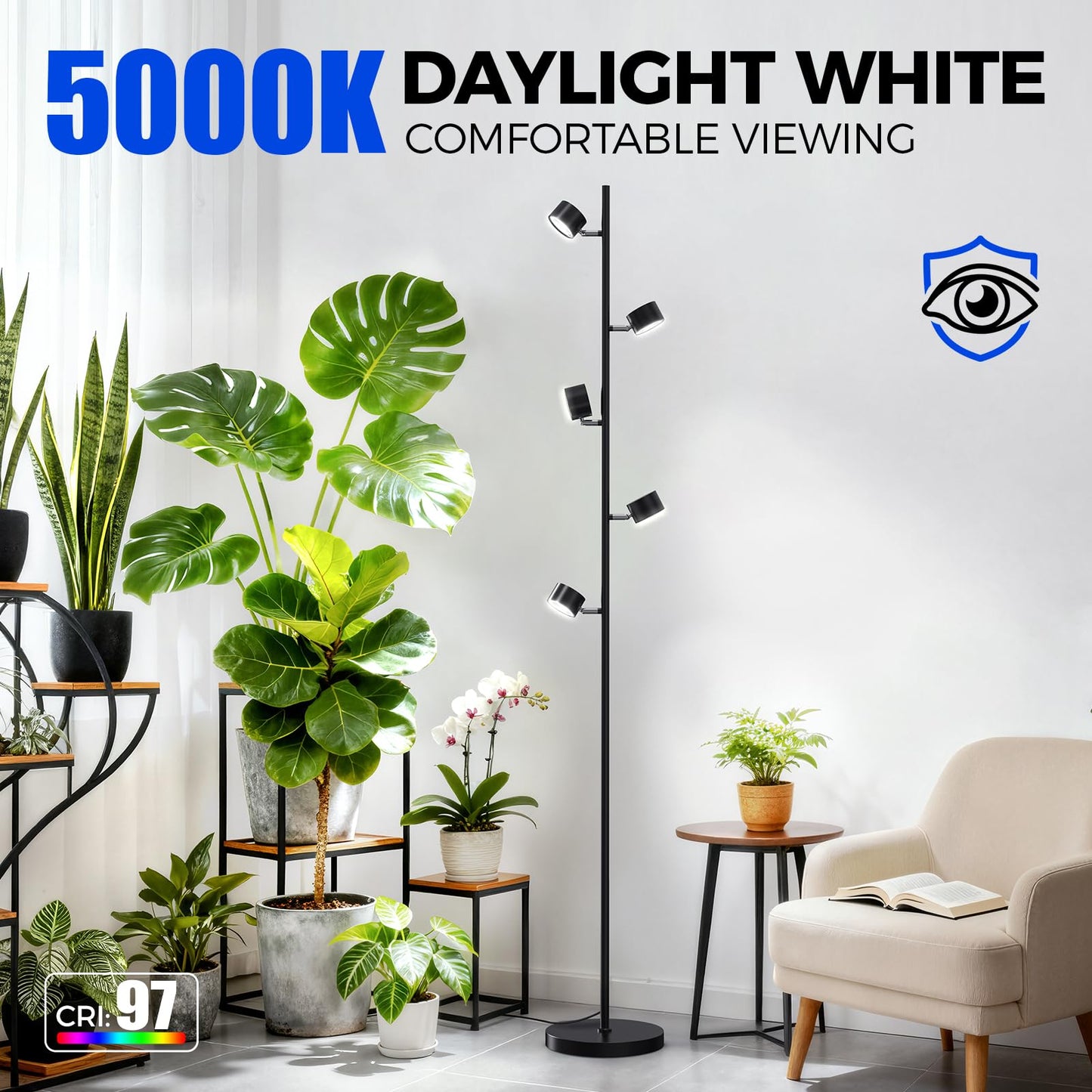 Barrina T1X5 Floor Grow Lights for Indoor Plants, 50W, 5000K, Full Spectrum, Adjustable 5 Heads, High PPFD, 6FT with Foot Switch, Vertical Plant Lights for Growing