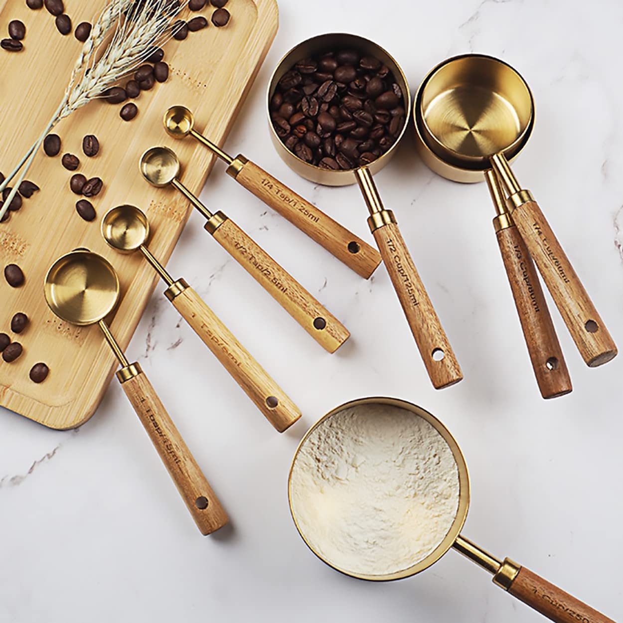 Dadamong Measuring Cups and Spoons Set of 8, Stainless Steel Gold Measuring Cups Kit with Wooden Handle, Kitchen Cooking Baking Spoons Tool Set for Solid and Liquid Iingredients