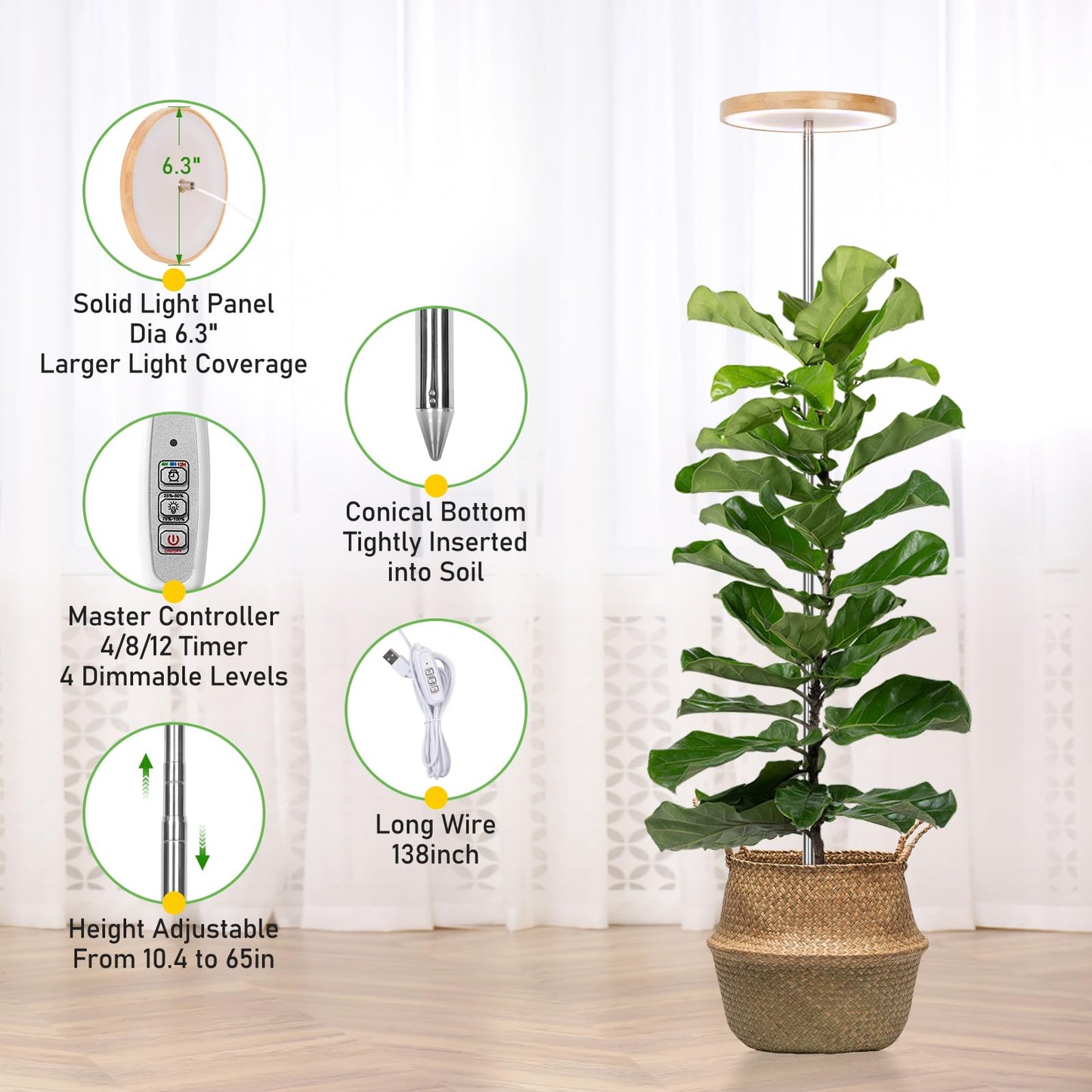 LORDEM Bamboo Grow Light for Indoor Plants, Full Spectrum LED Plant Grow Light, Height Adjustable Growing Lamp with Auto Timer 4H/8H/12H, 4 Dimmable Levels, Ideal for Large Tall Plants, 2 Pack
