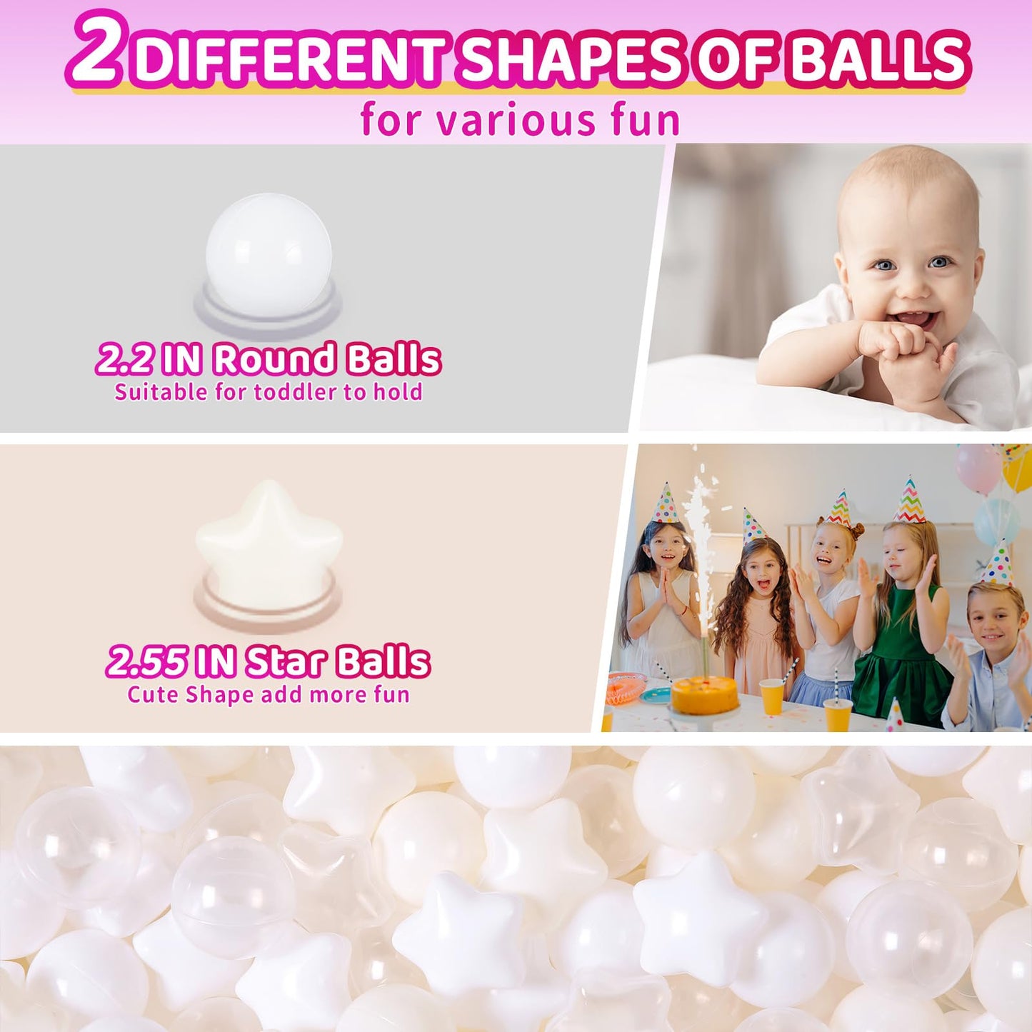 Realhaha Ball Pit Balls 100 PCS, Star Shapes for Babies Kids Playpen Plastic Balls for Babies Ball Pool Puppy Playballs, Beige White Clear