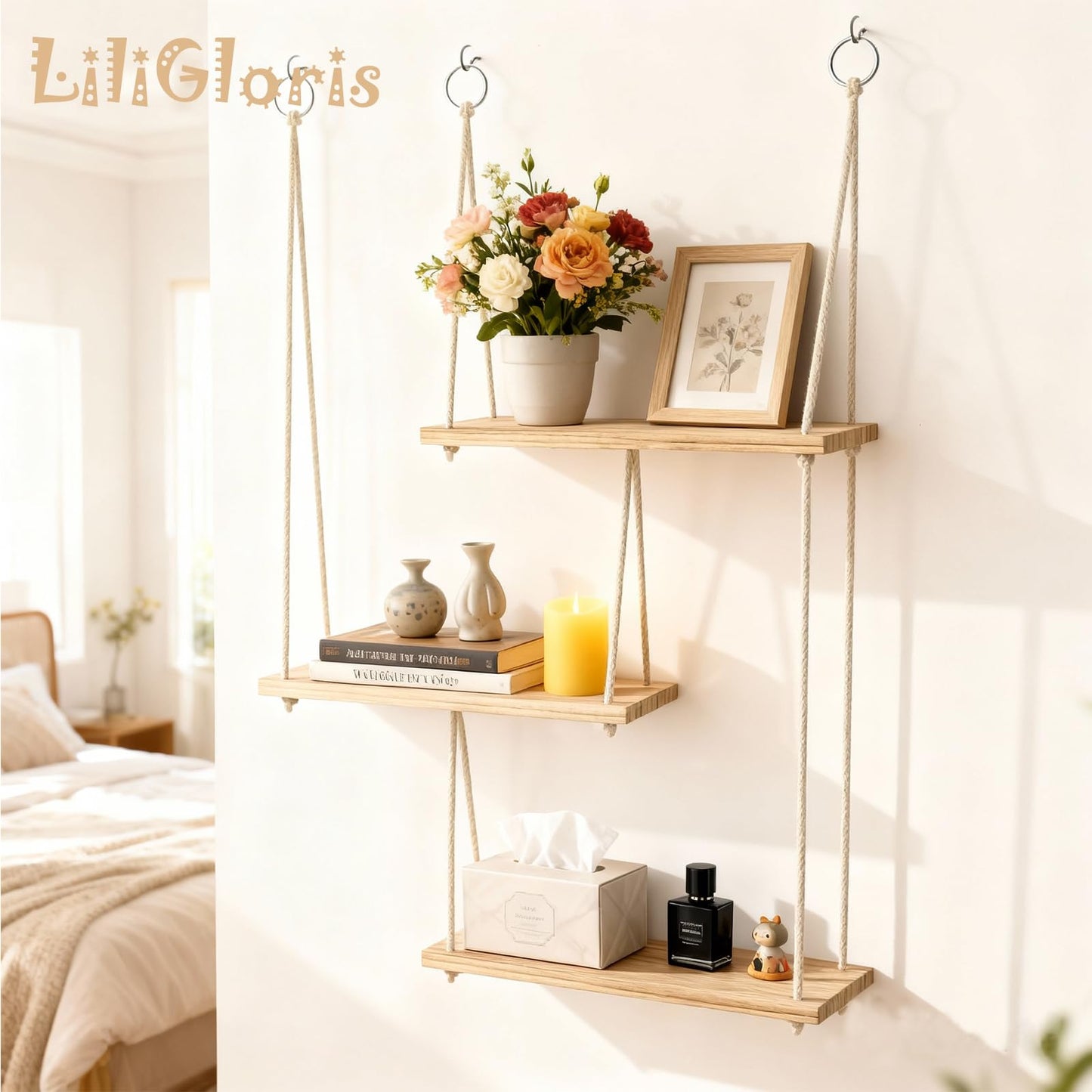 LiliGloris Bohemian Wall Shelf Decor, Natural Unpainted Wood Floating Shelf with Adhesive Mount for Plants & Photo Frames, Decorative & Functional Display for Bedroom Living Room Office Kitchen