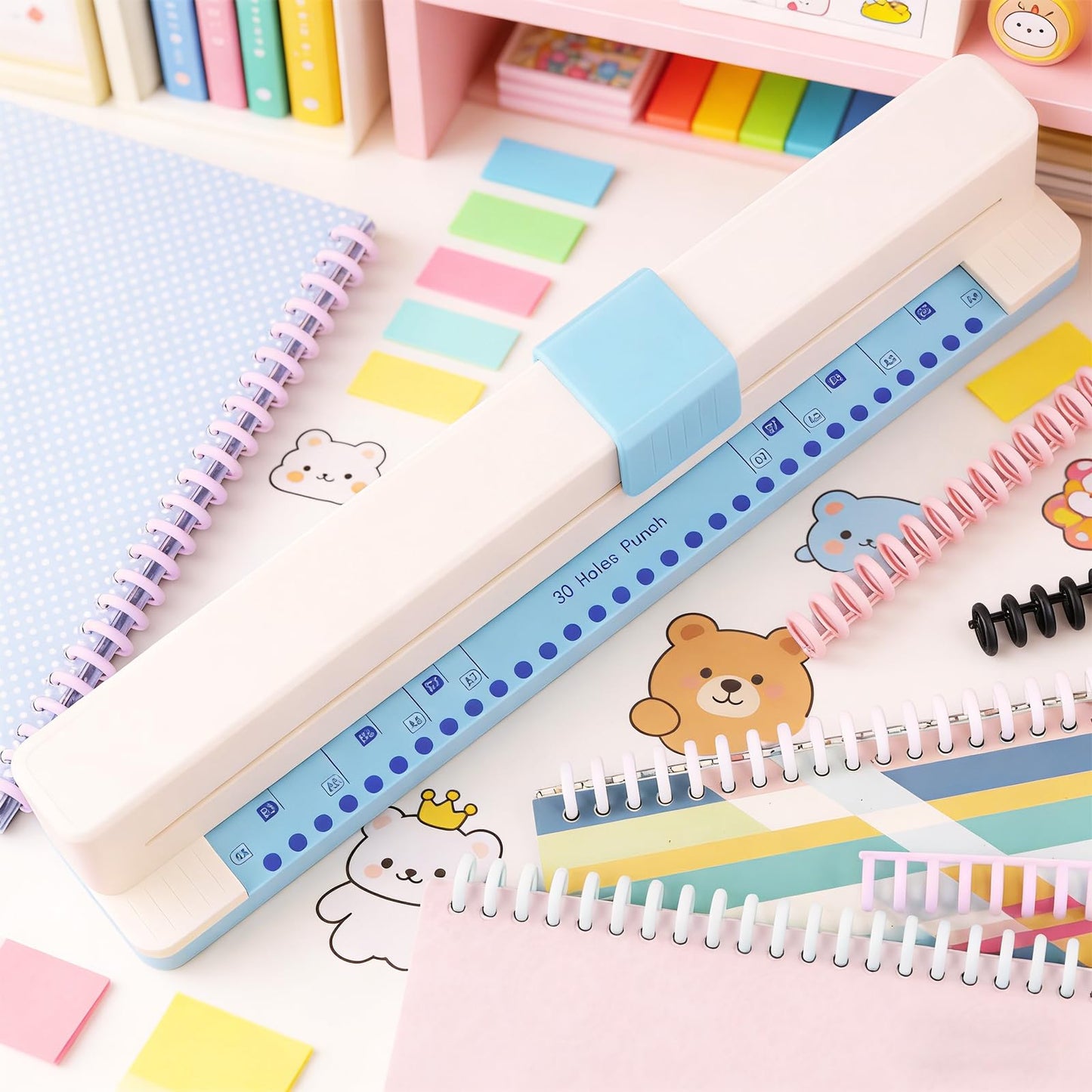 30 Hole Paper Punch, 1-Step Stamp-Shaped Binder Machine, Adjustable Stamp Paper Punch for A4 A5 A6 A7 B5 B6 B7 Notebooks, Planner Binding Machine, 5-Sheet Capacity Stamp Hole Puncher for School Office