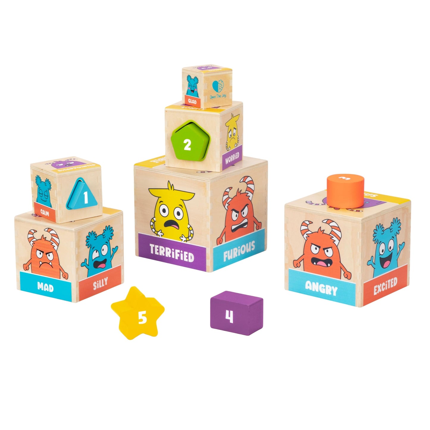Open The Joy Wooden Tower of Emotions – Stacking Emotional Learning Toy for Toddlers | 5 Emotion Face Blocks + 5 Shape Sorting Blocks | Montessori Toy for Early Development | Ages 12 Months+