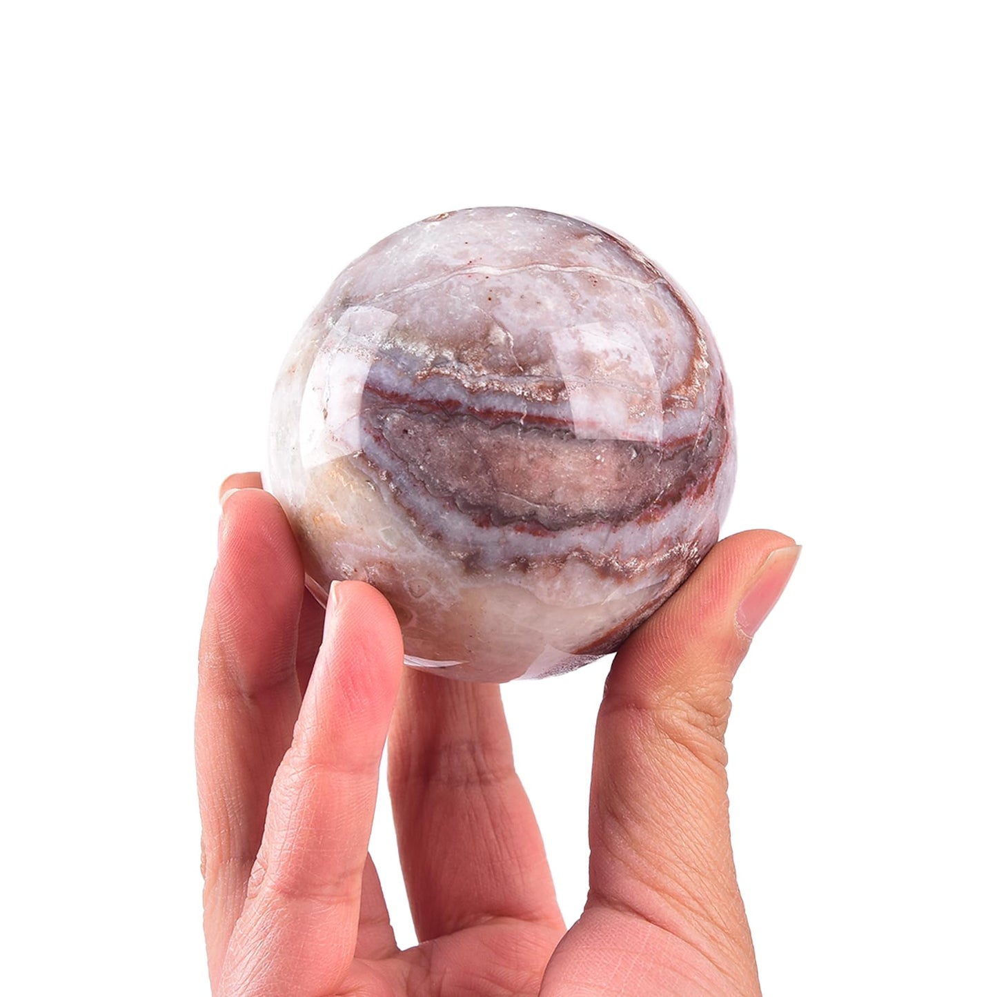 JIC Gem Natural Striped Agate Crystal Sphere Healing Crystal Decorative Ball with Wooden Stand Meditation Balls for Witchcraft Reiki Gift 50-60mm
