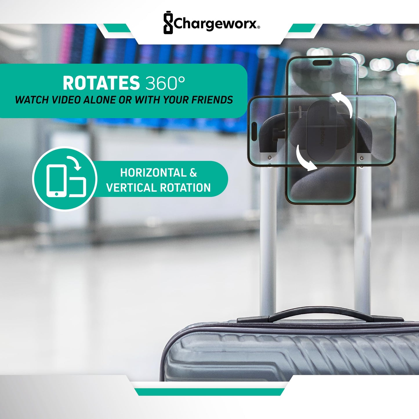 CHARGEWORX in-Flight Magnetic Phone & Tablet Mount for Airplanes, MagSafe-Compatible Travel Phone Holder for Tray Tables, 360° Rotating & 90° Pivoting Airplane Phone Stand with Travel Pouch